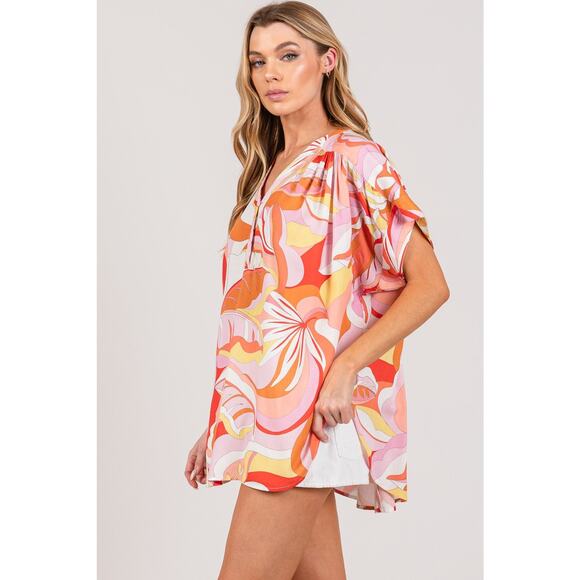 SAGE + FIG Abstract Print Half Button Short Sleeves Oversized Blouse | Coral - Picture 2 of 6